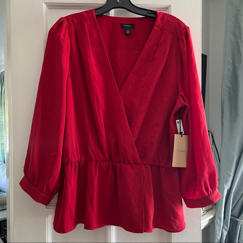 Halogen V Neck Faux Wrap Red Blouse